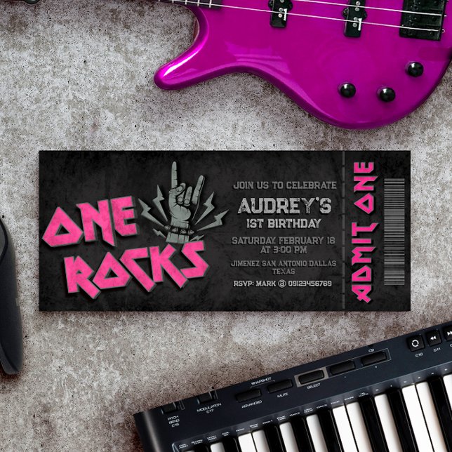 One Rocks - Girl 1. Geburtstag Einladung (One Rocks - Girl 1st Birthday Ticket Invitation)