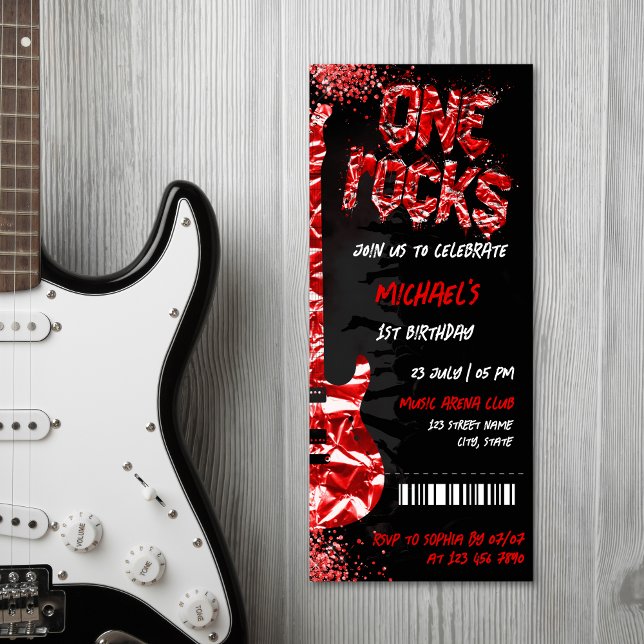 One Rocks Music Themenkonzert Geburtstag Einladung (red glitter electric guitar on black background concert ticket invitation)