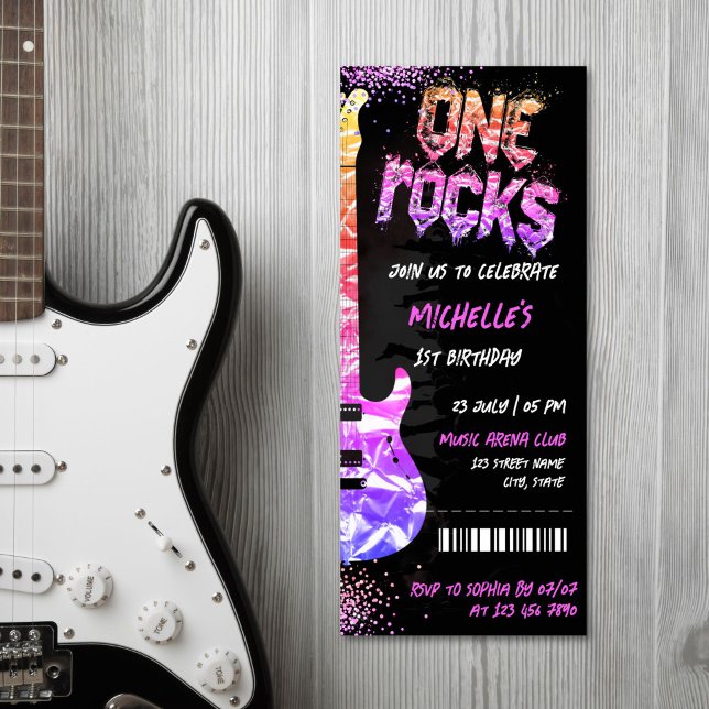 One Rocks Music Themenkonzert Geburtstag Einladung (PINK GLITTER ELCRTICAL GUITAR ROCK CONCERT TICKET INVITATION)
