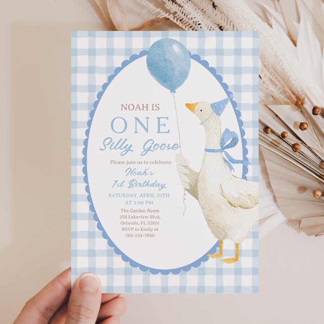 One Silly Goose 1st Birthday: Blue Gingham  Einladung (Von Creator hochgeladen)
