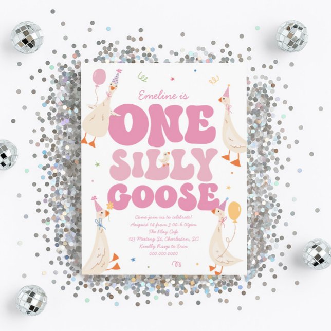 One Silly Goose 1st Birthday Invitation Girl Pink  (Créateur téléchargé)