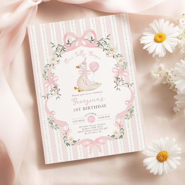 One Silly Goose 1st Birthday Invitation, Pink Bow  Einladung (Von Creator hochgeladen)