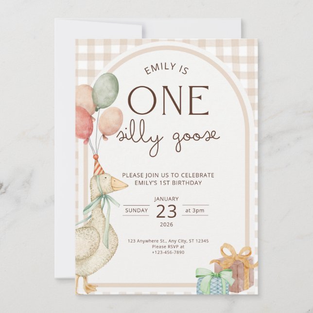 One Silly Goose Birthday Invite Gender Neutral  Einladung (Vorderseite)