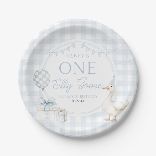 ONE Silly Goose Blue 1st Birthday Party Pappteller (Vorderseite)