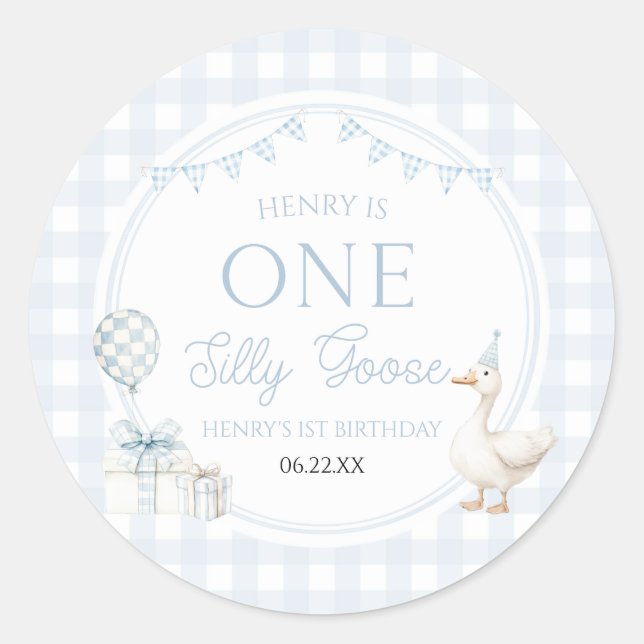 ONE Silly Goose Blue 1st Birthday Party Runder Aufkleber (Vorderseite)