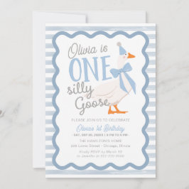 One Silly Goose Blue Bow 1st Birthday Einladung