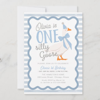 One Silly Goose Blue Bow 1st Birthday Einladung