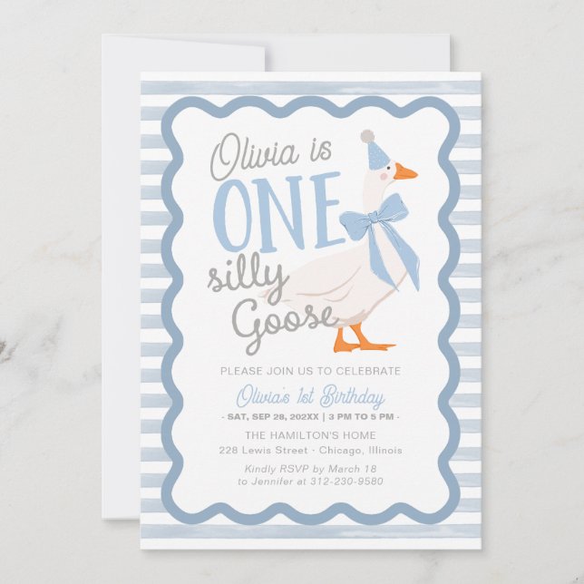 One Silly Goose Blue Bow 1st Birthday Einladung (Vorderseite)