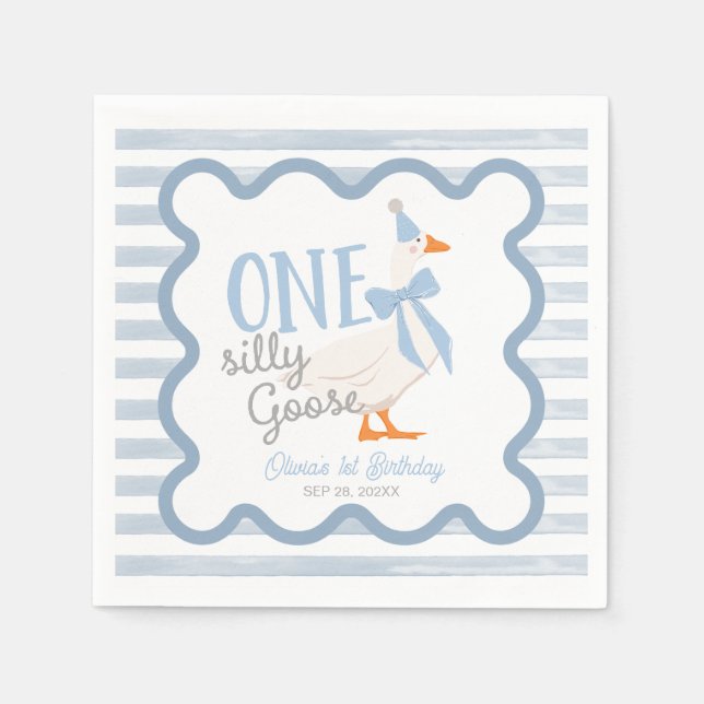One Silly Goose Blue Bow 1st Birthday Serviette (Vorderseite)