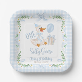 One Silly Goose Blue Bow Floral 1st Birthday Pappteller