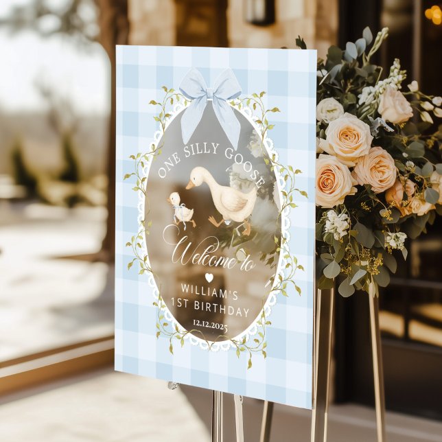 One Silly Goose Blue Gingham Birthday Welcome Acrylschild (Von Creator hochgeladen)