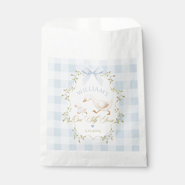 One Silly Goose Blue Gingham Boy 1st Birthday Geschenktütchen (Vorderseite)