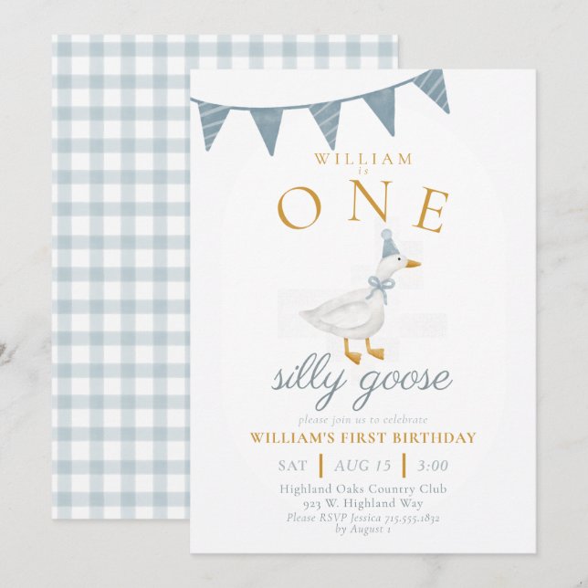 ONE Silly Goose Blue Gingham Boy First Birthday  Einladung (Vorne/Hinten)