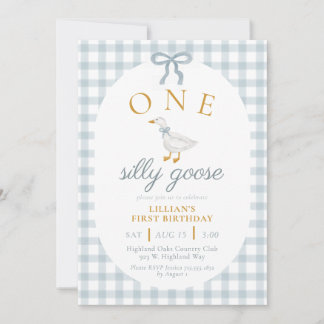 ONE Silly Goose Blue Gingham Daisy First Birthday Einladung