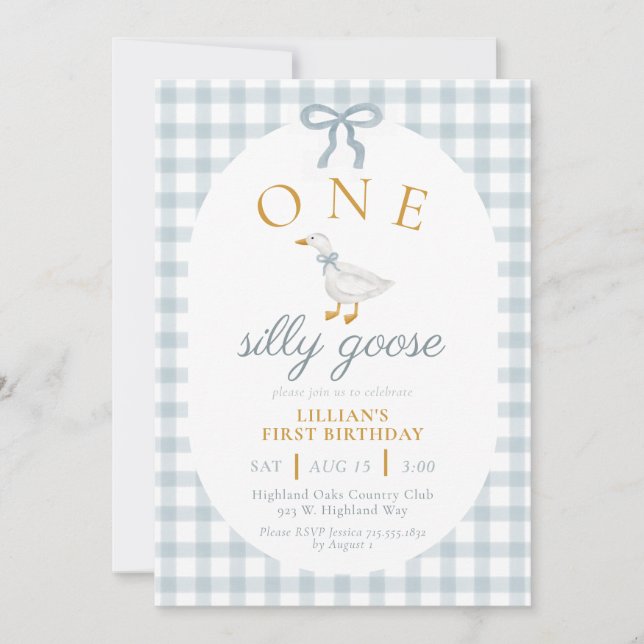 ONE Silly Goose Blue Gingham Daisy First Birthday Einladung (Vorderseite)
