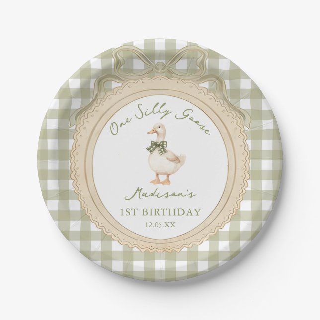 One Silly Goose Bow Gingham 1st Birthday Pappteller (Vorderseite)