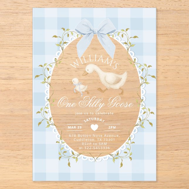 One Silly Goose Boy 1st BIrthday Gingham Whimsical Acryleinladungen (Vorderseite)