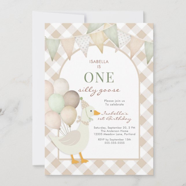 One Silly Goose First 1st Birthday Invitation Einladung (Vorderseite)