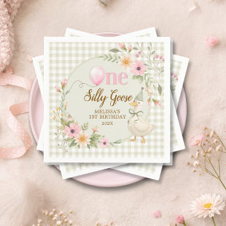 One Silly Goose Gingham Pink Flora Birthday Party  Serviette