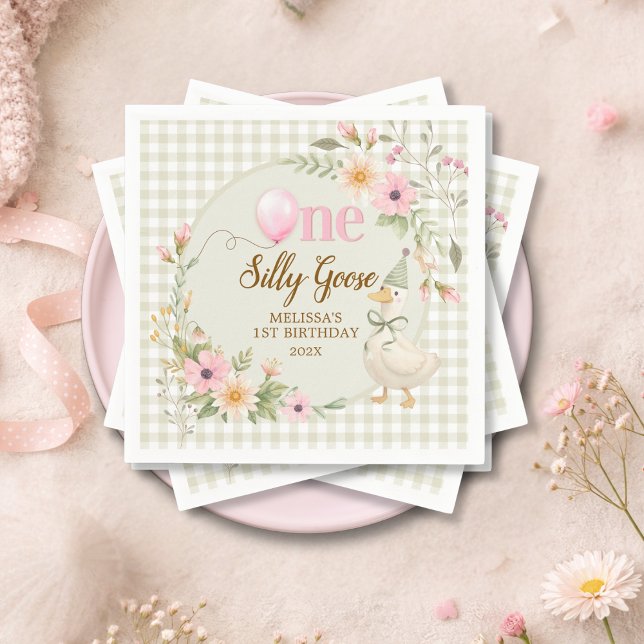 One Silly Goose Gingham Pink Flora Birthday Party  Serviette (Von Creator hochgeladen)