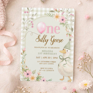 One Silly Goose Gingham Pink Floral 1st Birthday Einladung