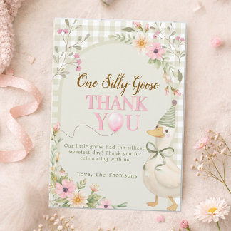 One Silly Goose Gingham Pink Floral Birthday Dankeskarte