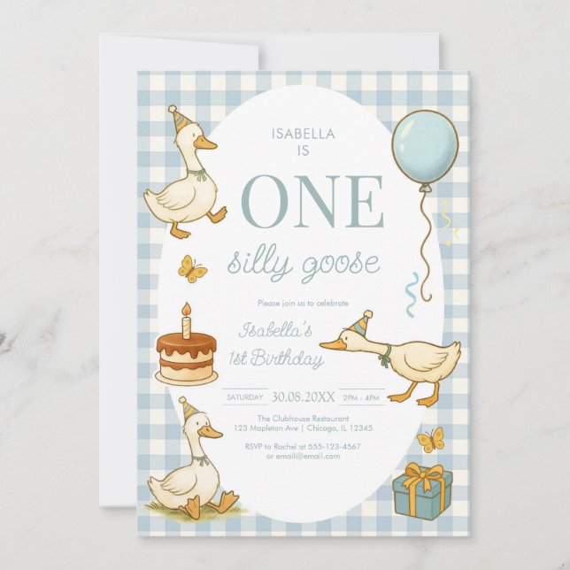 One Silly Goose Girl 1st Birthday Party Invitation Einladung (Vorderseite)