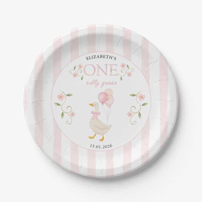 One Silly Goose Girl 1st Birthday Pink Pappteller (Vorderseite)
