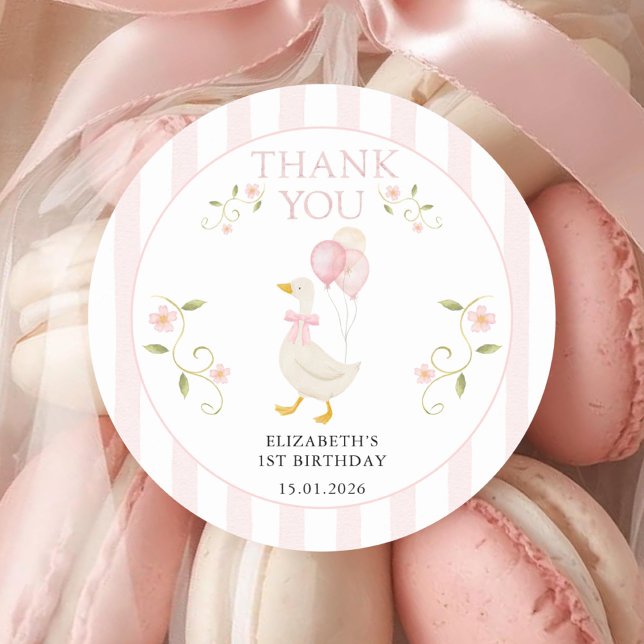 One Silly Goose Girl 1st Birthday Pink Thank You Runder Aufkleber (Von Creator hochgeladen)