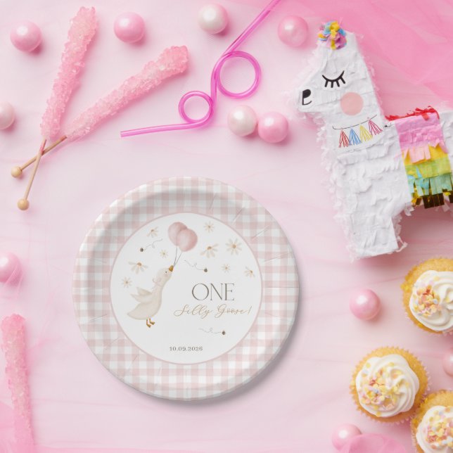One Silly Goose Girls 1st Birthday Pink Gingham Pappteller (Party)