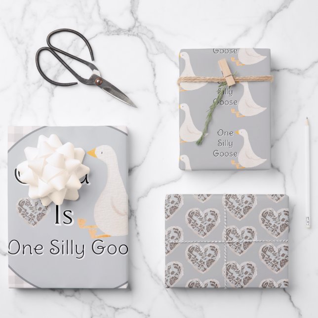 One Silly Goose Gray Girl's Birthday Party Geschenkpapier Set (Vorderseite)