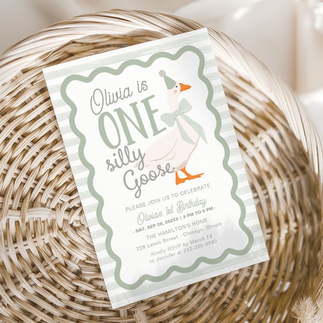 One Silly Goose Green Bow 1st Birthday Einladung (Von Creator hochgeladen)