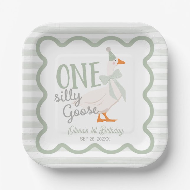 One Silly Goose Green Bow 1st Birthday Pappteller (Vorderseite)