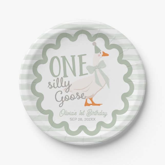 One Silly Goose Green Bow 1st Birthday Pappteller (Vorderseite)