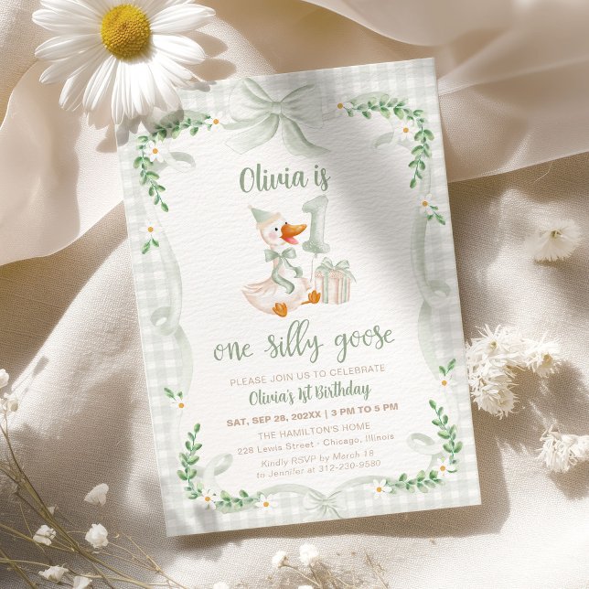 One Silly Goose Green Bow Floral 1st Birthday Einladung (Von Creator hochgeladen)