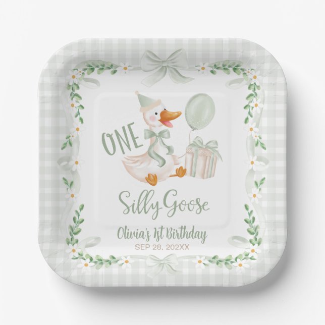 One Silly Goose Green Bow Floral 1st Birthday Pappteller (Vorderseite)