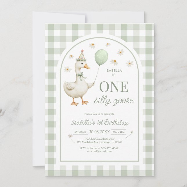 One Silly Goose Green Girl 1st Birthday Invitation (Devant)