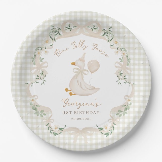 One Silly Goose Neutral Bow Gingham 1st Birthday Pappteller (Vorderseite)