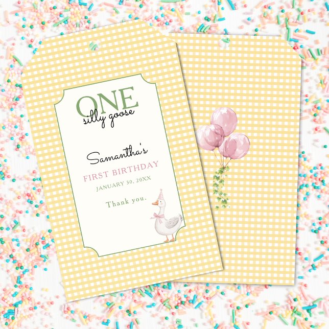 One Silly Goose Pink and Gingham 1st Birthday Geschenkanhänger (Silly Goose Birthday Gift Tag)