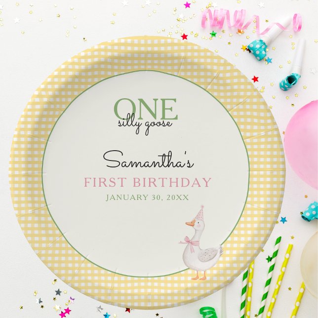 One Silly Goose Pink and Gingham 1st Birthday Pappteller (One Silly Goose Paper Plate)