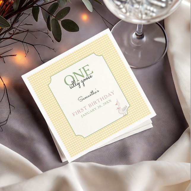 One Silly Goose Pink and Gingham 1st Birthday Serviette (Silly Goose Birthday Party Napkin)