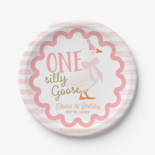 One Silly Goose Pink Bow 1st Birthday Pappteller (Vorderseite)