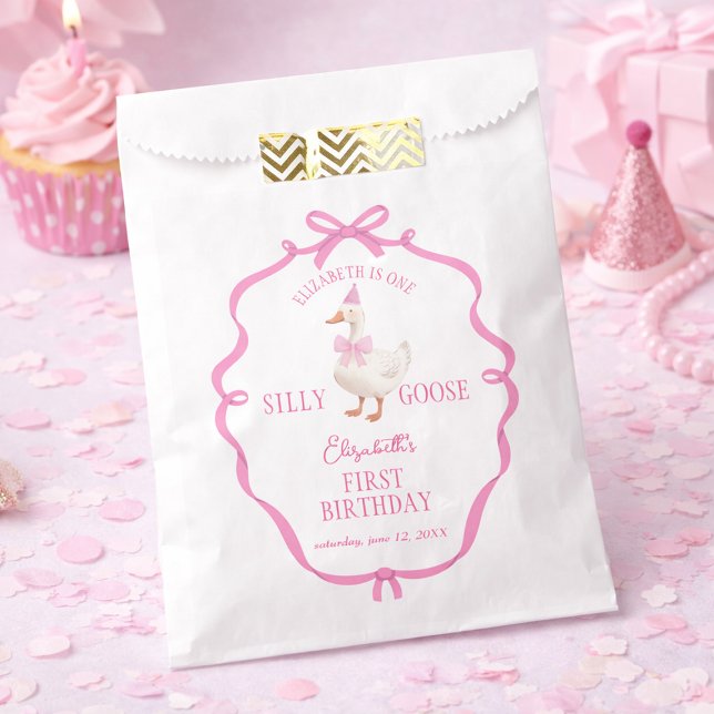 One Silly Goose Pink Bow First Birthday  Geschenktütchen (One Silly Goose Pink Bow First Birthday Favor Bag)