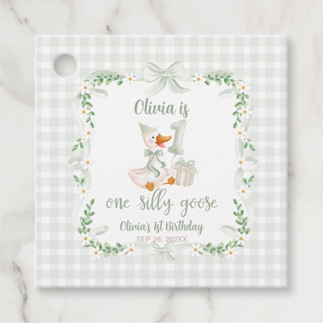 One Silly Goose Pink Bow Floral 1st Birthday Geschenkanhänger (Vorderseite)
