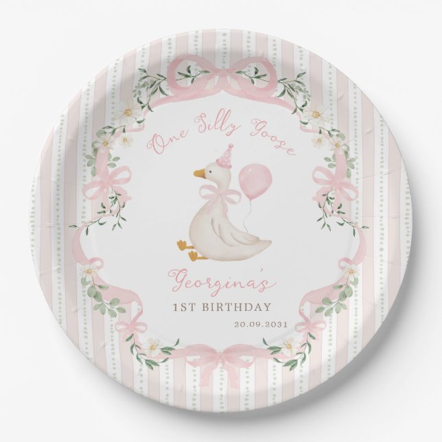 One Silly Goose Pink Bow Floral 1st Birthday Pappteller (Vorderseite)