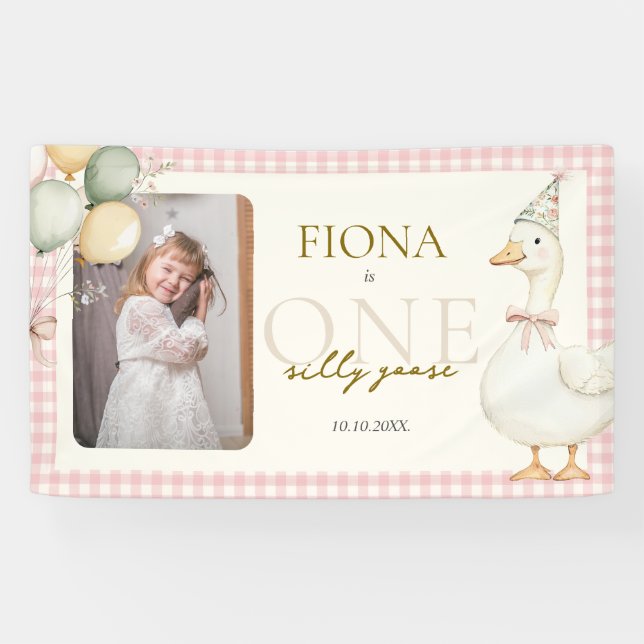 One Silly Goose Pink Gingham 1st Birthday Photo Banner (Horizontal)