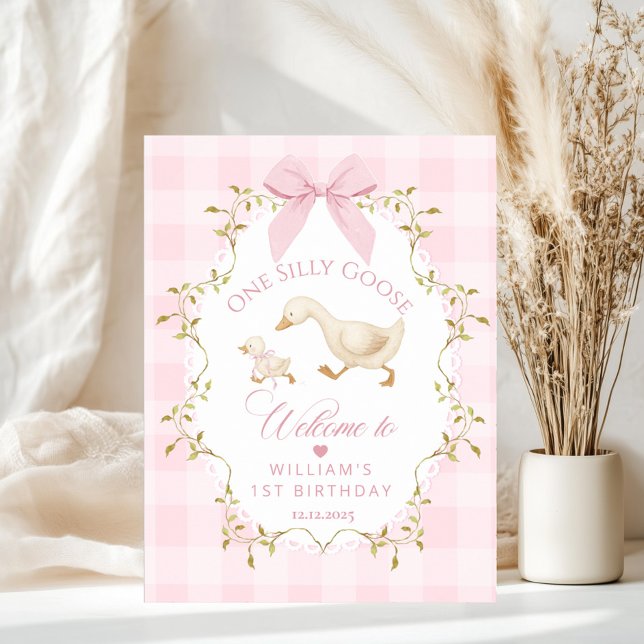 One Silly Goose Pink Gingham 1st Birthday Welcome Poster (Von Creator hochgeladen)