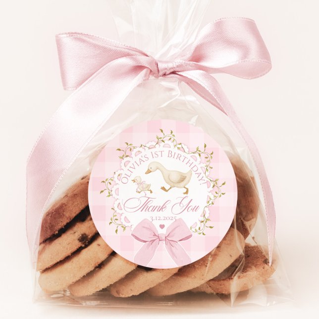 One Silly Goose Pink Gingham Whimsical Thank you Runder Aufkleber (Von Creator hochgeladen)