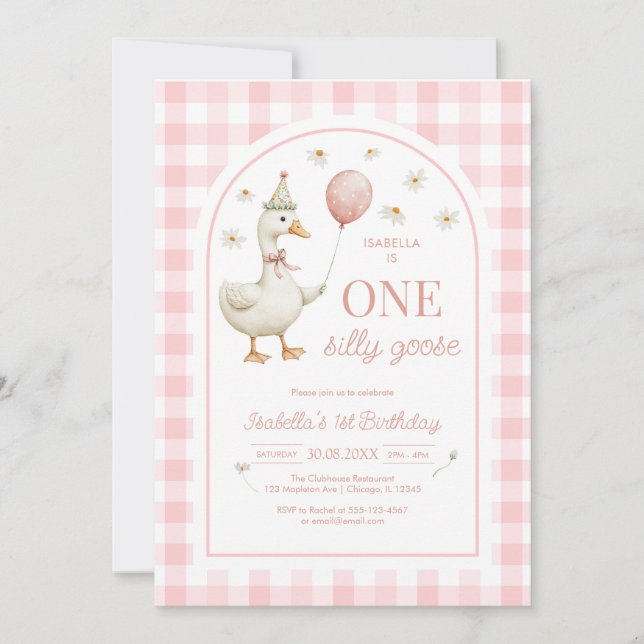 One Silly Goose Pink Girl 1st Birthday Invitation (Devant)