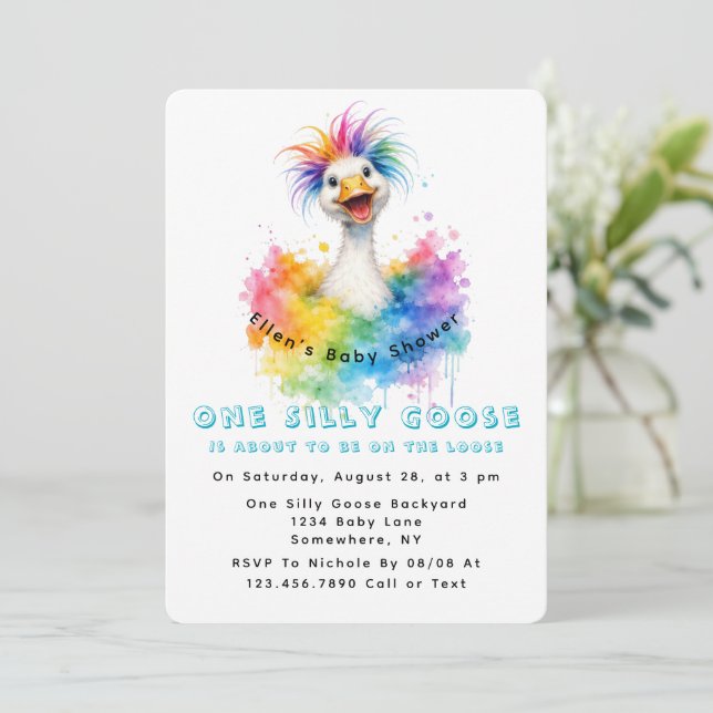 One Silly Goose Rainbow Baby Shower Cute Einladung (Stehend Vorderseite)